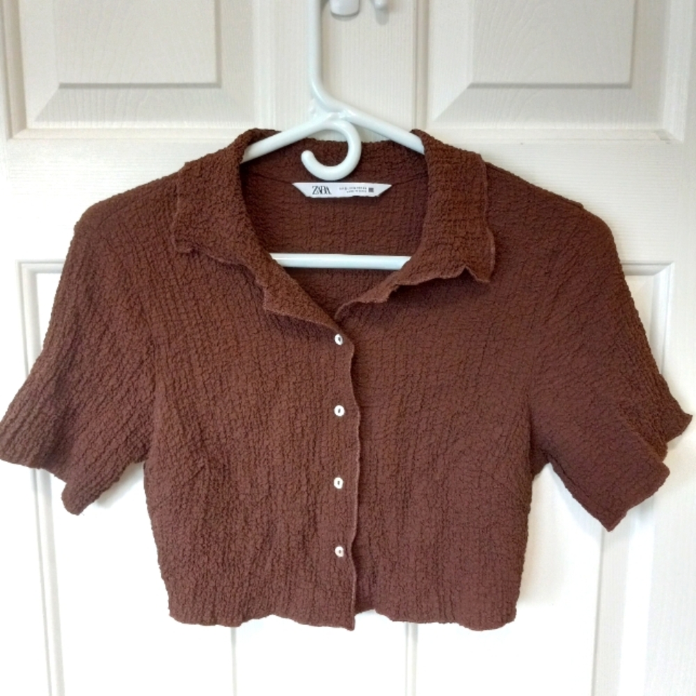 ZARA  Women's Brown Viscose Blend crinkle Crop Button Top Size S